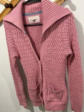 VINTAGE Tommy Jeans Pink Chunky Waffle Knit Shawl Collar Cardigan Sweater Large